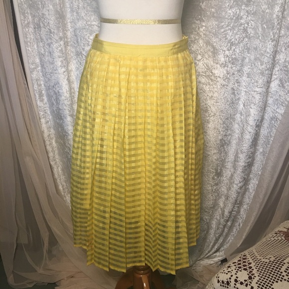 Elle Yellow sheer Windowpanes Midi pleated Skirt Size 6 Vintage - Picture 5 of 9